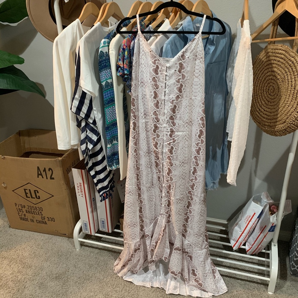 Snakeskin Boho Gypsy Print Cami Maxi Dress Cream - Picture 6 of 6